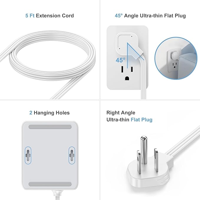 Flat Power Strip, 12-in-1 Flat Outlet Extender with 5Ft Extension Cord, Power Strip Flat Plug with 8 AC Outlets 2 USB-A and 2 USB-C, Flat Wall Extension Cord for Desktop Home Office Dorm Room