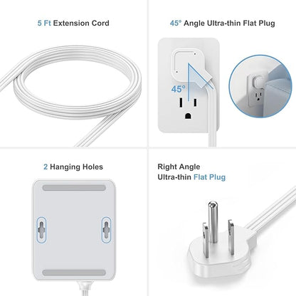 Flat Power Strip, 12-in-1 Flat Outlet Extender with 5Ft Extension Cord, Power Strip Flat Plug with 8 AC Outlets 2 USB-A and 2 USB-C, Flat Wall Extension Cord for Desktop Home Office Dorm Room