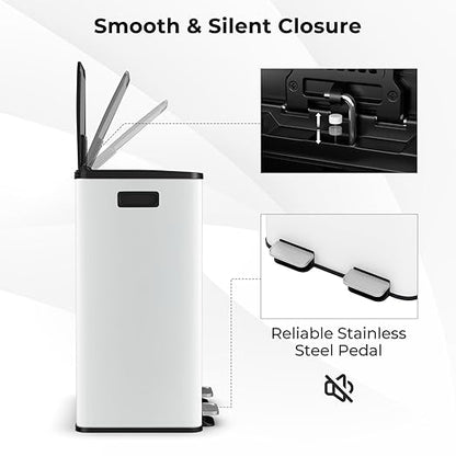 Goplus 16 Gallon/ (2x30L) Stainless Steel Trash Can, Kitchen Trash Bin w/Dual Removable Inner Buckets, Soft Closure & Step-on Pedal, Deodorizer Compartment, Garbage Bin for Recycling, White