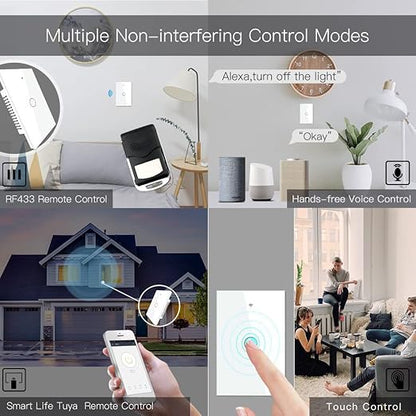 MOES Touch Wall Single Live Wire Smart Switch，No Neutral Wire Needed, 2.4GHz WiFi RF433 Light Switch Works with Smart Life/Tuya App, Alexa and Google Home, Single Pole 110V, White 1 Gang