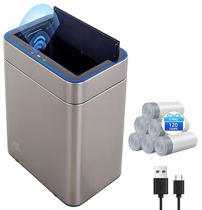Kitchen Trash Can 13 Gallon / 50L, Automatic Touchless Sensor Garbage Can with Butterfly Lid, USB Rechargeable 2400mAh Battery, Stainless Steel Soft-Close Trash Bin for Home (120 Count Trash Bags)