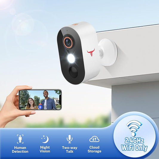 Wireless Outdoor Security Camera with Spotlights, Battery Powered, AI Human Detection, 2-Way Talk, Color Night Vision, Cloud Storage, 2.4G WiFi