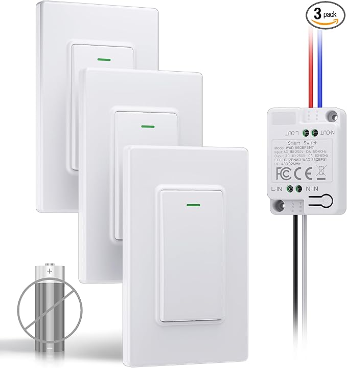 Wireless Remote Light Switch Kit, 3 Switches + 1 Receiver, Battery-Free Wireless Wall Switch, No New in-Wall Wiring, No Wi-Fi, for Hallway, Garage, Basement
