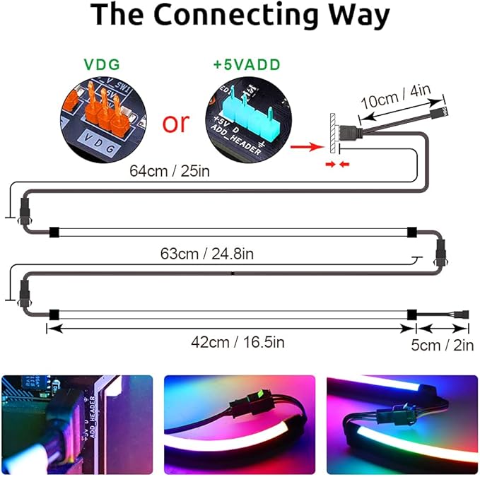 NEON Addressable RGB PC LED Strip, 2x15.7inch WS2812 RGB Rainbow Magnetic ARGB Strip for 5V 3-pin Aura SYNC, Gigabyte RGB Fusion,Mystic Light Sync, with 12pcs Strong Magnetic Brackets
