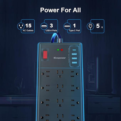 Surge Protector Power Strip-15 Widely Spaced Outlets and 4 USB Ports(1 USB C Port),14 AWG Extension Cord,1875W/15A Heavy Duty Power Strip Surge Protector 5 ft Cord,2800J,Black