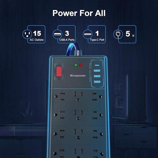 Surge Protector Power Strip-15 Widely Spaced Outlets and 4 USB Ports(1 USB C Port),14 AWG Extension Cord,1875W/15A Heavy Duty Power Strip Surge Protector 5 ft Cord,2800J,Black