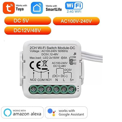 Tuya Smart Life app Dry Contact WiFi Relay Switch Module,2 Channel DC 5V 12/24V AC 100-240V,Compatible with Alexa Google Home