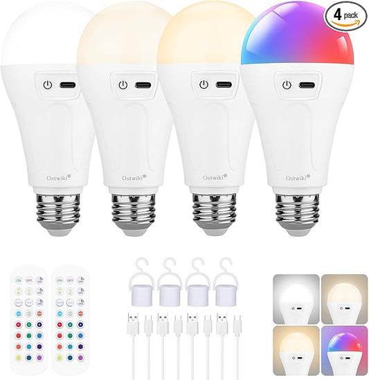 5200mAh Rechargeable Light Bulbs for Lamps,Led Battery Backup Light Bulb with Remote Control, 4 Pack A21 Wireless Emergency Bulbs for Power outage,Dimmable 3 Color Temperatures & 12 RGB Color Changing