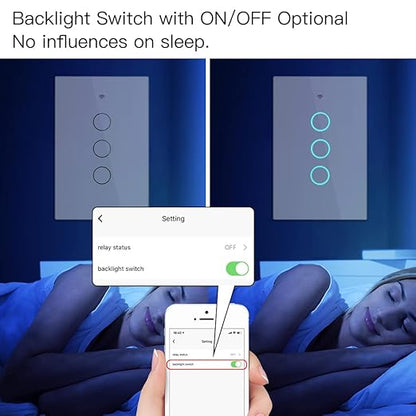 MOES Touch Wall Single Live Wire Smart Switch，No Neutral Wire Needed, 2.4GHz WiFi RF433 Light Switch Works with Smart Life/Tuya App, Alexa and Google Home, Single Pole 110V, White 3 Gang