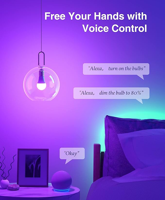 Beantech Smart Bulb, WiFi Light Bulbs, Color Changing Light Bulb, Smart Light Bulbs Work with Alexa & Google Assistant, A19 RGB Alexa Light Bulb, RGB+White, Dimmable LED Light Bulbs, (Pack of 6)