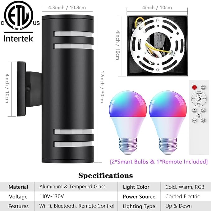 KIZON Smart Outdoor Wall Lights, RGBCW Up and Down Lights, Black | Color Changing, Alexa and Remote Control, Dusk to Dawn Sconce, Dimmable, Waterproof Aluminum, ETL listed for Porch Garage
