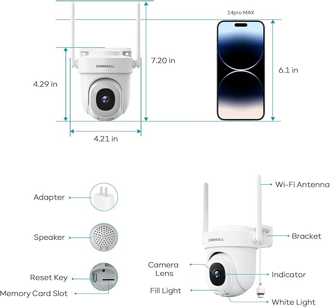 ZUMIMALL 2K 3MP Wired Camera for Home Security, 2.4G/5G WiFi Security Camera Outdoor, 24/7 Recording, AI Motion Detection, Cloud & SD Card Storage, 2-Way Audio, 360° PTZ Auto Tracking, Work with Alexa