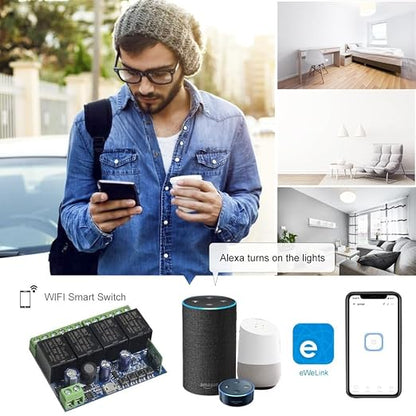 Ewelink WiFi Wireless Smart Relay Module DC 7V 12V 24V 36V 48V 4 Channel Inching Self-Lock Latched Dry Contact Remote Switch for Motor, Compatible with Alexa Google Home(2PCS 4CH)