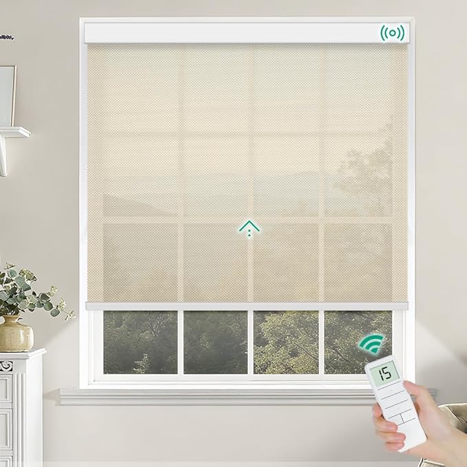 Motorized Roller Shades, Light Filtering Remote Control Custom Window Shades Compatible with Alexa Google Assistant via RF Hub, Rechargeable Electric Blinds for Windows (Fireproof Beige)