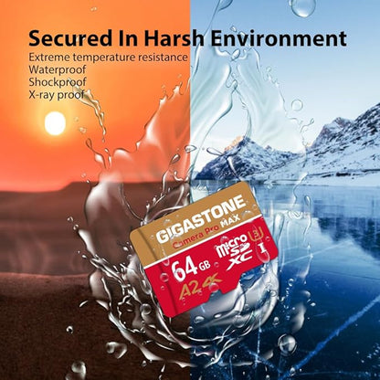 【5-Years Data Recovery】 GIGASTONE 64GB Micro SD Card, Camera Pro MAX, Compatible with Gopro, Dash Cam, DJI, Drone, Security Camera, Speed Up to 100MB/s, microSDXC UHS-I A2 4K U3 C10, with Adapter