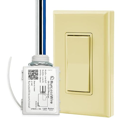 RunLessWire Single Pole Battery-Free DIY Wireless Light Switch Kit 150ft RF Range Self-Powered by Kinetic Energy for Fixtures & Outlets : 1 Remote Switch Controls 1 5A On/Off Receiver Ivory