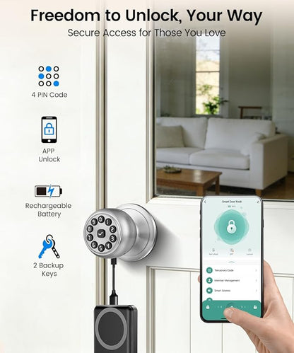 Smart Door Knob, Keypad Door Lock with Remote App Control, Code & Key, Auto-Lock,Keyless Entry Door Lock for Front Door,Easy-Install Locks for Home, Office & Apartment.