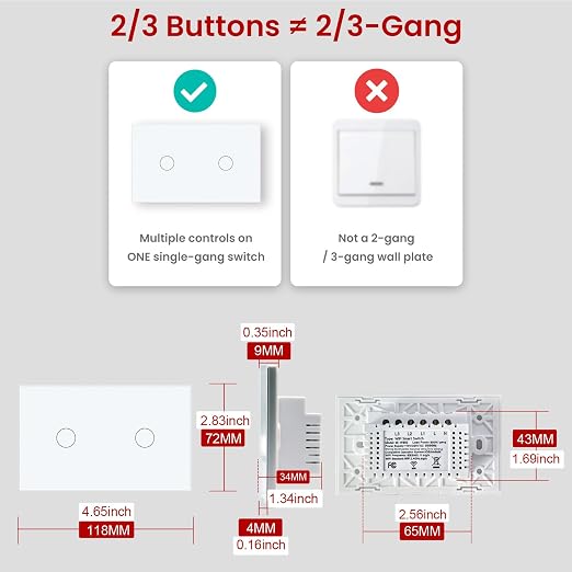 Smart Switch Neutral Wire Optional,APP Control,White 2 Button | 4.65 X 2.83 X 1.34 Inches,Only 2.4GHz Wi-Fi,Voice Control,Work with Tuya/Smart Life/Alexa,Tempered Glass Panel
