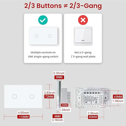 Smart Switch Neutral Wire Optional,APP Control,White 2 Button | 4.65 X 2.83 X 1.34 Inches,Only 2.4GHz Wi-Fi,Voice Control,Work with Tuya/Smart Life/Alexa,Tempered Glass Panel