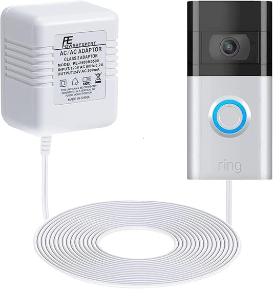 Doorbell Transformer 24V Adapter for Ring Video Doorbell, 16.4ft Long C Wire Power Supply, Compatible with Ring, Nest Hello, Wyze and Eufy Video Doorbells