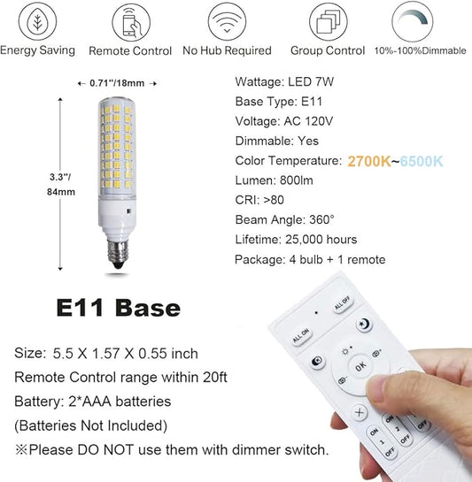 Smart Light Bulbs E11 LED Remote Control- Dimmable 7W(75W Equivalent) 800Lm-Tunable Color Temperature (2700K- 6500K) CRI 80+, 2.4GHz - No App or Wi-Fi Required- 4 Bulb & Remote