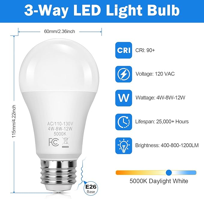 3 Way Light Bulbs 40 70 100W Incandescent Equivalent, LED Dimmable A19 Three Way Light Bulb, Daylight White 5000K, E26 Medium Base, 4-Pack LED Light Bulbs for Floor Lamp Desk Lamp Table Lamp Reading