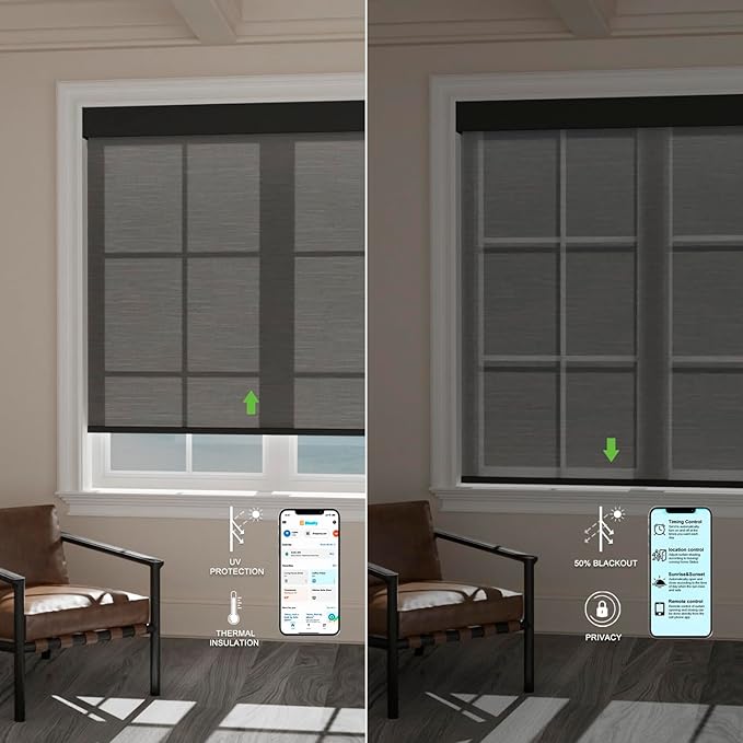Motorized Blinds with Remote [Light Filtering] Smart Blinds Compatible with Alexa Google HomeKit, 50% Blackout Automatic Roller Shades for Indoor Windows, Customized Size, Mist Nightfall