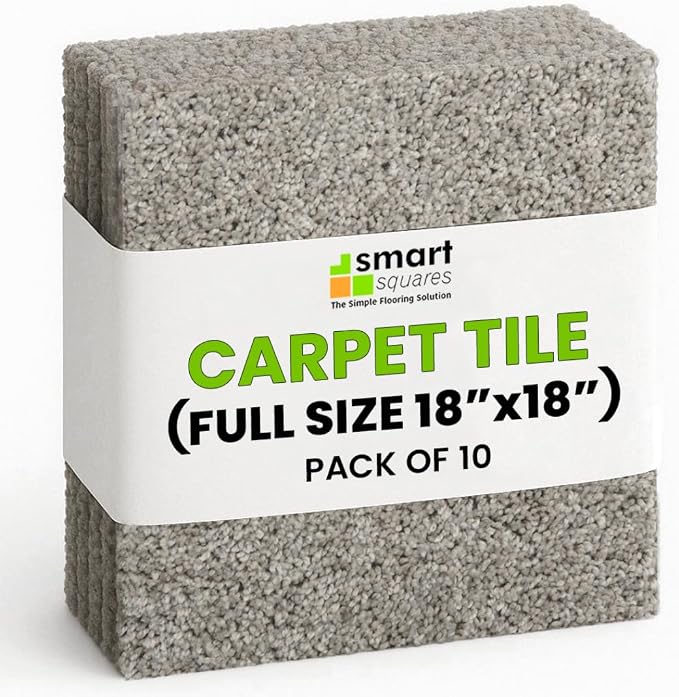 Smart Squares Easy Street Premium Plush Carpet Tiles, Made in USA – 18x18 Peel and Stick Floor Tiles with Attached Padding – Seamless DIY Carpet Squares (22.5 Sq Ft, Pack of 10, 815 Iron Frost)