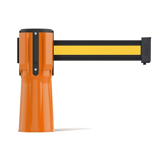 Trafford Industrial 11 Ft. Cone-Mounted Retractable Belt Barrier Orange Case with Black and Yellow Horizontal Stripe Belt
