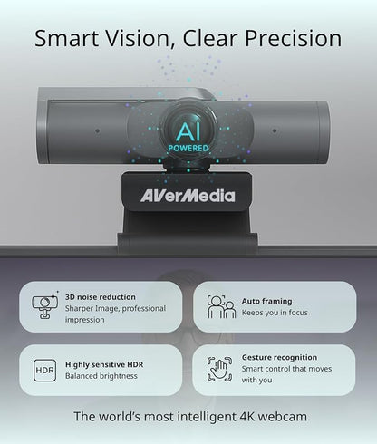 AVerMedia PW515 4K Ultra HD Business Webcam with Microphone for PC/Desktop/Laptop/Mac, with AI Auto Framing for Streaming, Meeting, Video Calls, Sony Sensor, Works with Teams, Zoom, Google Meet, OBS