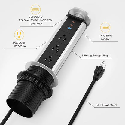 Pop Up Outlet for Countertop, Pop Up Socket with 3 AC Outlets and 2 PD 20W USB-C & 1 USB-A Ports, Pull Pop Up Power Outlet for Kitchen Conference Office, 3-3/8 Inch(85MM) Hole Grommet Power Strip