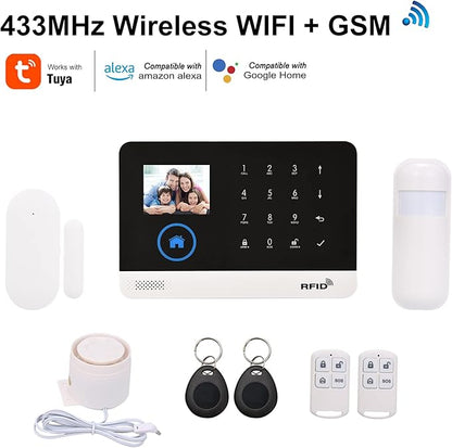 WiFi GSM Home Alarm Security System, 2.4in LCD Wireless DIY Smart Home Burglar Security Alarm System 10 Piece Kit, Compatible with Alexa Google Home Voice Control