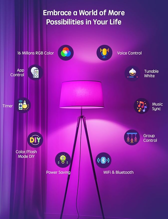 Smart Light Bulbs 8 Pack, A19 E26 850LM WiFi & Bluetooth RGBWW Color Changing LED Bulb RGBWW Compatible with Alexa & Google Assistant, 16 Million Colors Music Sync Color Changing Dimmable Lights Bulb