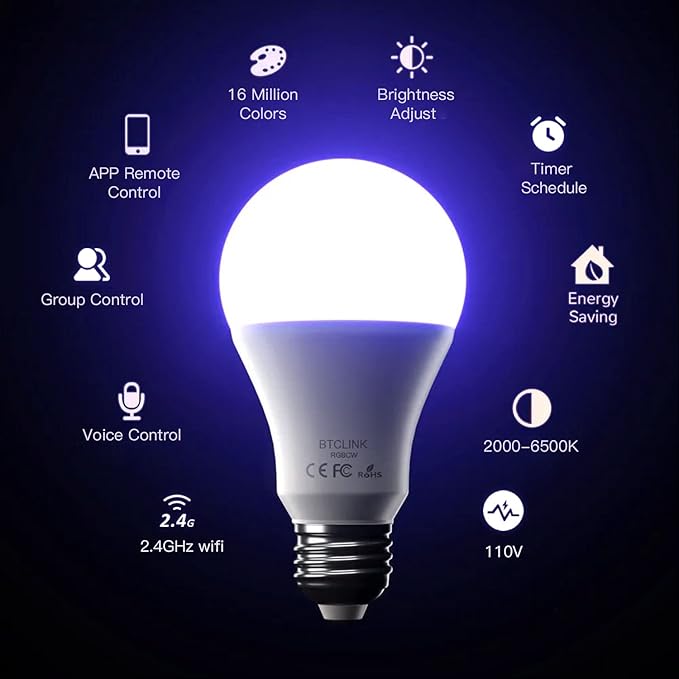 Smart Bulbs Color Changing Music Sync Group Control WiFi LED Bulbs Color Changing Smart Bulbs Compatible with Alexa and Google Home A19/E26/9W/800LM/110V (1 Pack)