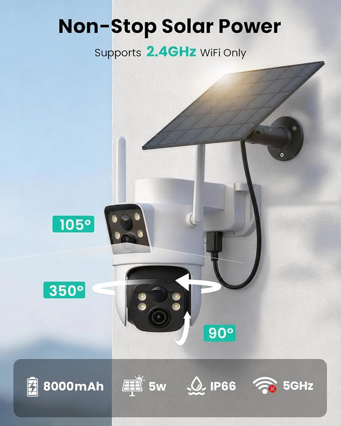 LIWAN Solar Camera Outdoor Wireless, Dual Lens, 2.4GHz WiFi Security Camera