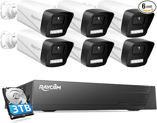 PoE Security Camera System, 6pcs Wired 3MP Outdoor IP Cameras with Color Night Vision, AI Human Detection, Two-Way Audio, 4K 8CH NVR with 3TB HDD for 24-7 Recording, No Monthly Fee