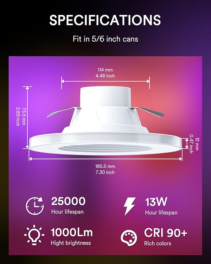 Smart Retrofit Recessed Lighting 6 Inch, Dimmable Alexa Ceiling Light, 1PC | Individual Contol Round-Ring Lighting, Wi-Fi Bluetooth Connect, Anti-Glare Baffle Trim, Color Changing for Bedroom
