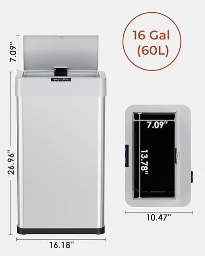 TLSUNNY 16 Gallon Motion Sensor Trash Can,Touchless Automatic Garbage Can,Brushed Stainless Steel Smart Bin,with Bag Holder,Soft Close Lid,for Kitchen,Office,RV,Bedroom,Living Room (Silver, 60L)