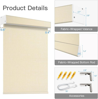 Tokblind Motorized Light Filtering Roller Shade Fabric Covered Valance and Bottom Rod, Remote Control Electric Window Blind Compatible with Alexa Google via Hub, Custom Size (Beige - Wrapped Fabric)
