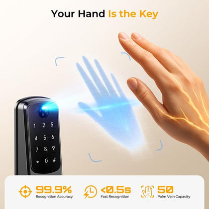 Smart Door Lock with Palm Vein Recognition, Camcamp Keyless Entry Door Lock with Handle for Front Door, Auto Lock, Backlit Keypad, IP65 Waterproof, DIY Installation