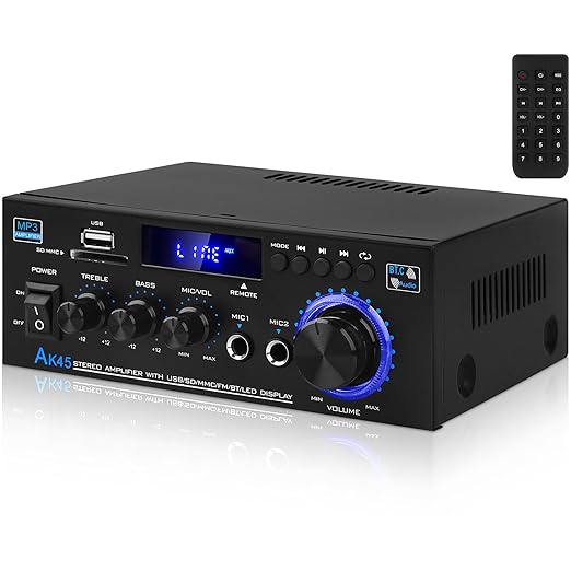 Bluetooth 5.0 Audio Amplifier Receivers-AK45 HiFi Stereo Mini Power Amplifier RMS 40W x 2 Max. 600W 2.0 Channel Home Theater Audio Components Speakers Amp W/MIC,USB, RCA,FM Radio