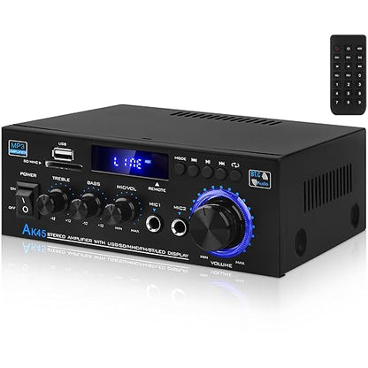 Bluetooth 5.0 Audio Amplifier Receivers-AK45 HiFi Stereo Mini Power Amplifier RMS 40W x 2 Max. 600W 2.0 Channel Home Theater Audio Components Speakers Amp W/MIC,USB, RCA,FM Radio