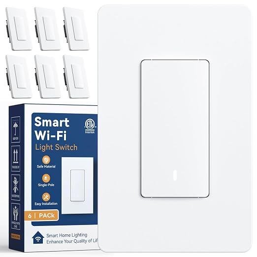Amico Smart Wi-Fi Switch, 6 Pack, Light Switch Controlled by App, Single-Pole, Voice Control Compatible, Timer & Countdown, LED Indicator, Neutral Wire Required, ETL Listed