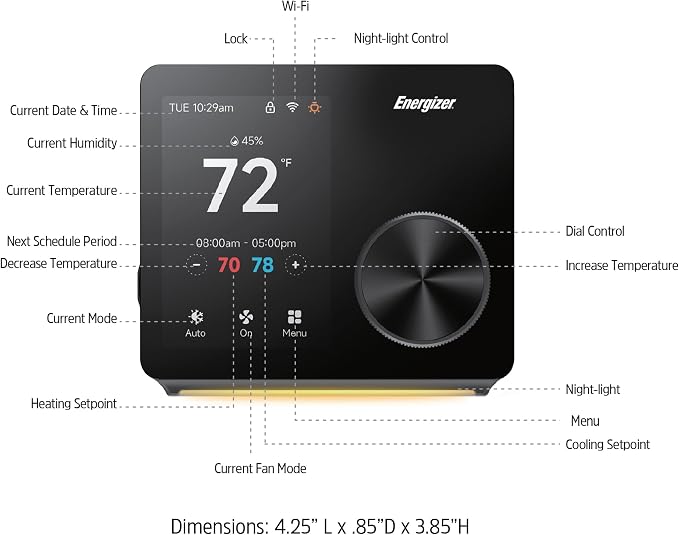 Energizer Smart Thermostat, Programable Wi-Fi Thermostat, 5GHz & 2.4GHz, Compatible with Alexa and Google, App Control, 3.5” inch Color Touch Screen, Easy Installation, 7 Day Scheduling, Night Light