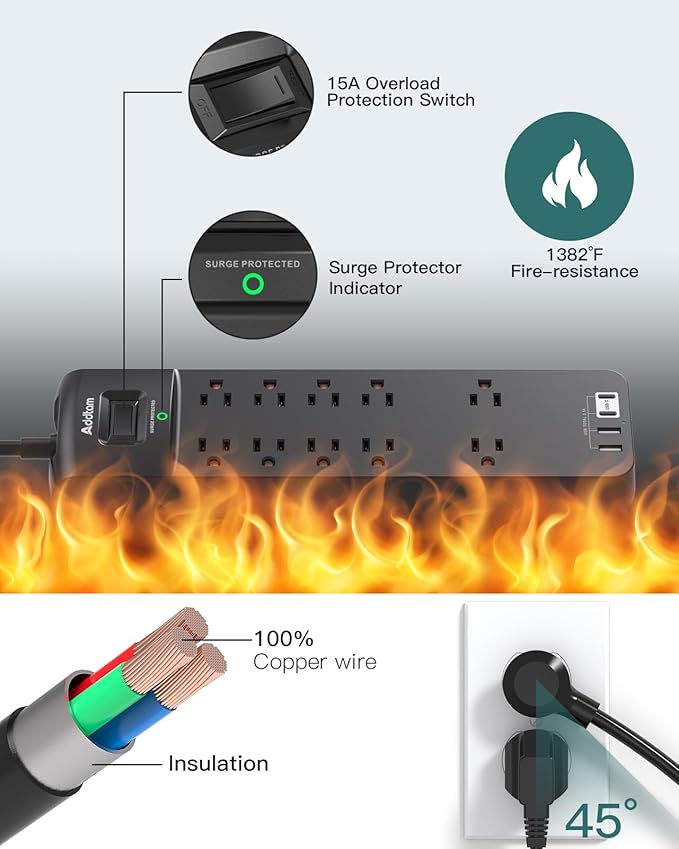 Addtam Power Strips with Surge Protection, 12FT Long Extension Cord with Multiple Outlets, Surge Protector Power Strip with 10 Outlets and 4 USB Ports(2 USB C), Flat Plug, 2700J, Black