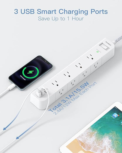 15 ft Surge Protector Power Strip, Flat Plug Extension Cord with 8 Widely Spaced AC Outlets and 3 USB Ports, ETL Listed Desktop Charging Station for Home Office Travel Computer Wall Mount
