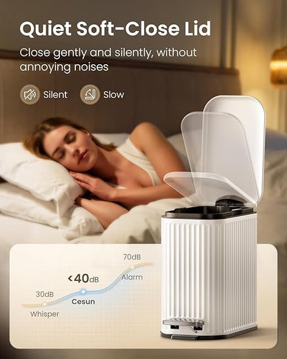 Cesun Bathroom Small Trash Can with Lid Soft Close - 1.3 Gallon Slim Garbage Can with Removable Inner Bucket, Stainless Steel Waste Basket with Step Pedal for Bedroom, Living Room, Office, White