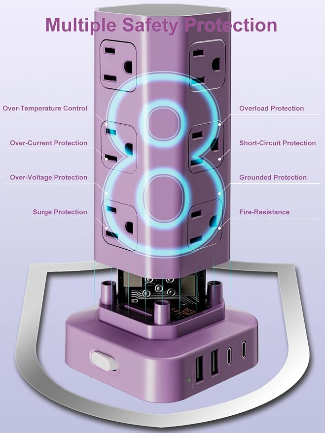Power Strip Tower Surge Protector, 6FT Flat Plug Extension Cord with Multiple Outlets, 12 AC Outlets 4 USB (2 USB C), Desktop Charging Station with Surge Protection for Home Office Dorm Room, Purple