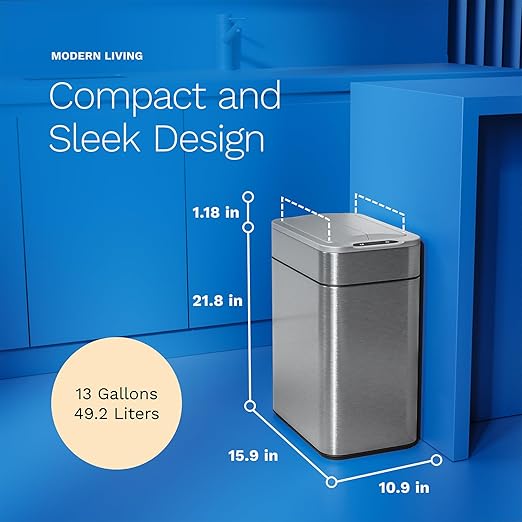 hOmeLabs - 13 Gallon Kitchen Trash Can - Retractable Automatic Sensor Butterfly Lid, Space-Saving Design, Easy to Clean, Battery-Operated with Batteries Included - Stainless Steel