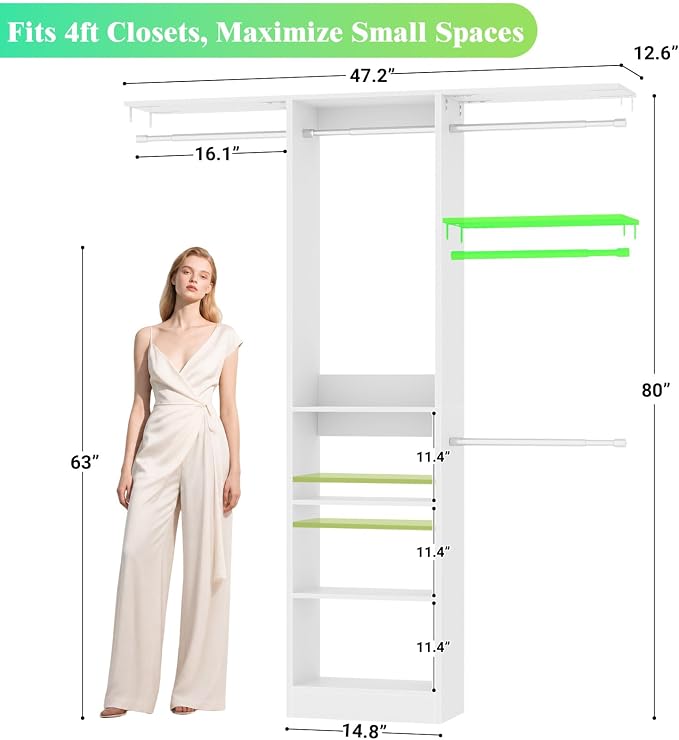 Besiost 4FT Small Closet Organizer System with 4 Hanging Rods & 3 Shelves | 48" Closet System for Small Closets, 80" H Small Closet Organizers and Storage for Bedrooms, Cloakrooms, White